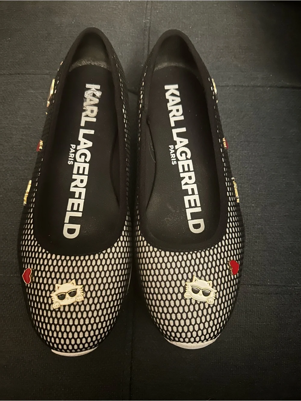 Karl Lagerfeld Black & White Mesh Slip-On Loafers with Icon Studs